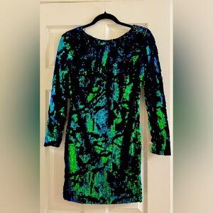 Blue green sequin dress knee length zipper three-quarter sleeve